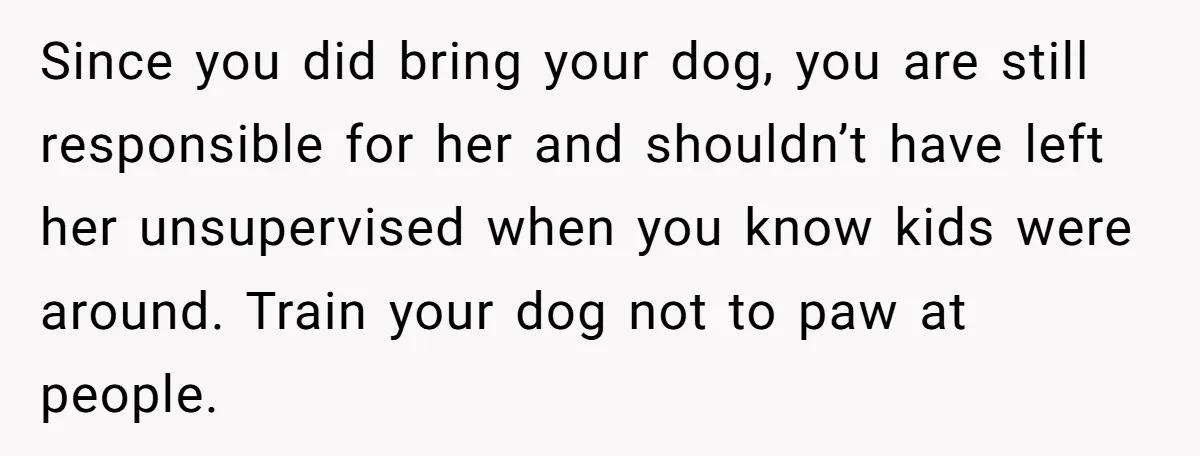 She Brought Her Dog to a Party After Being Promised “No Kids.” Then a Toddler Got Knocked Over Since you did bring your dog, you are still responsible for her and shouldn’t have left her unsupervised when you know kids were around. Train your dog not to paw...