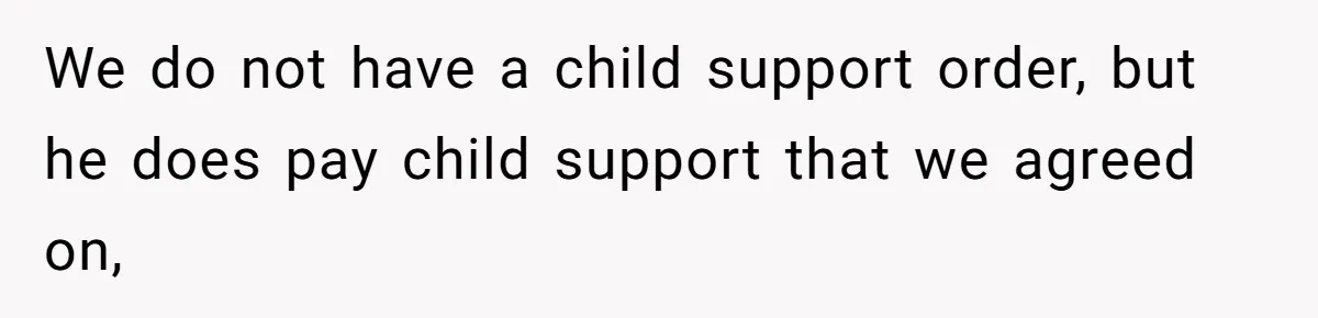 Woman Declines To Change Vacation For Ex’s Baby, Says He Needs To Figure It Out We do not have a child support order, but he does pay child support that we agreed on,