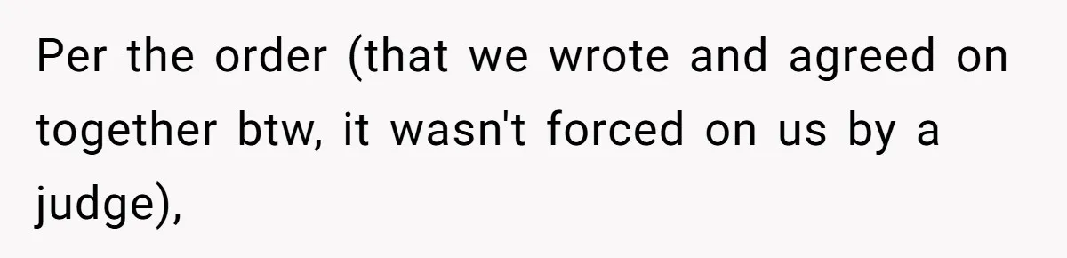 Woman Declines To Change Vacation For Ex’s Baby, Says He Needs To Figure It Out Per the order (that we wrote and agreed on together btw, it wasn't forced on us by a judge),