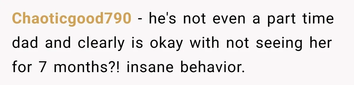 Woman Declines To Change Vacation For Ex’s Baby, Says He Needs To Figure It Out Chaoticgood790 − he's not even a part time dad and clearly is okay with not seeing her for 7 months?! insane behavior.