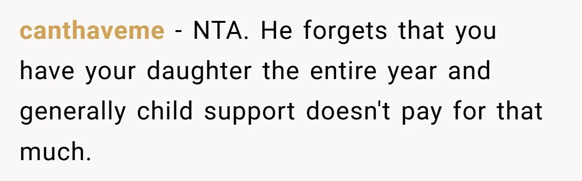 Woman Declines To Change Vacation For Ex’s Baby, Says He Needs To Figure It Out canthaveme − NTA. He forgets that you have your daughter the entire year and generally child support doesn't pay for that much.