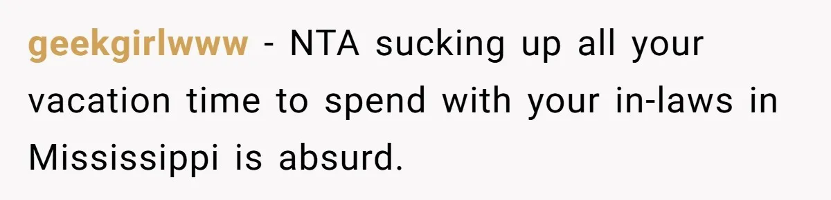 Woman Tells Husband She Won’t Join Family Visit Until House Temperature Changes geekgirlwww − NTA sucking up all your vacation time to spend with your in-laws in Mississippi is absurd.