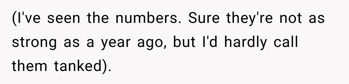 She Defended a Coworker’s Maternity Cover, Now the Whole Office Is Giving Her the Cold Shoulder (I've seen the numbers. Sure they're not as strong as a year ago, but I'd hardly call them tanked).