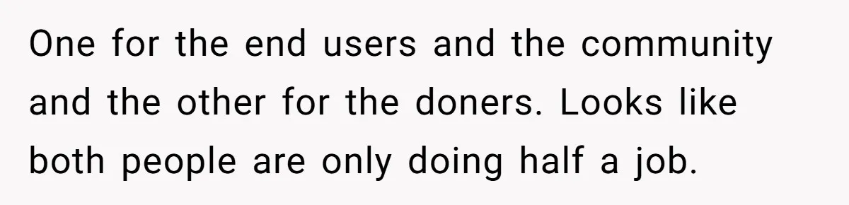 She Defended a Coworker’s Maternity Cover, Now the Whole Office Is Giving Her the Cold Shoulder One for the end users and the community and the other for the doners. Looks like both people are only doing half a job.