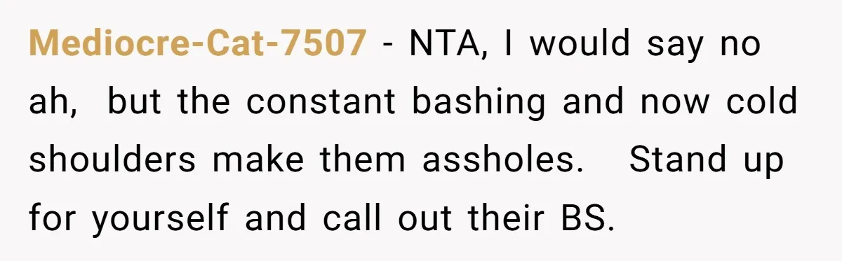 She Defended a Coworker’s Maternity Cover, Now the Whole Office Is Giving Her the Cold Shoulder Mediocre-Cat-7507 − NTA, I would say no ah, but the constant bashing and now cold shoulders make them assholes. Stand up for yourself and call out their BS.