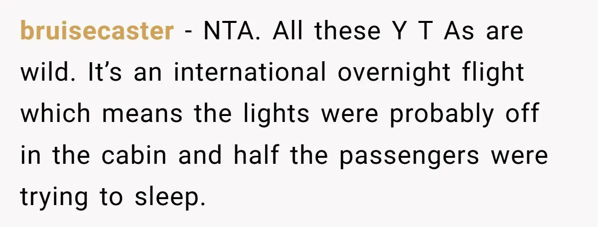 She Asked a Family to Keep Their Child Quiet on a Red-Eye Flight, and It Turned Into an Awkward Standoff bruisecaster − NTA. All these Y T As are wild. It’s an international overnight flight which means the lights were probably off in the cabin and half the passengers were...