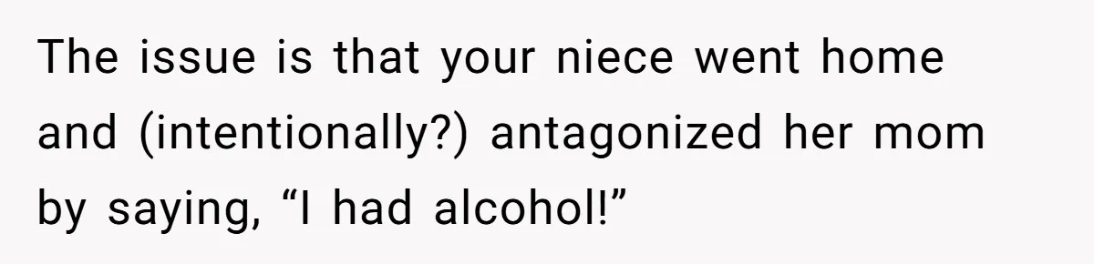 Enthusiastic Aunt Serves Traditional Japanese Soup With Alcohol To 9-Year-Old Niece The issue is that your niece went home and (intentionally?) antagonized her mom by saying, “I had alcohol!”