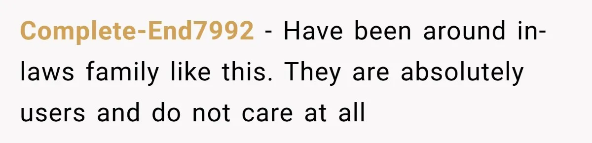Complete-End7992 − Have been around in-laws family like this. They are absolutely users and do not care at all