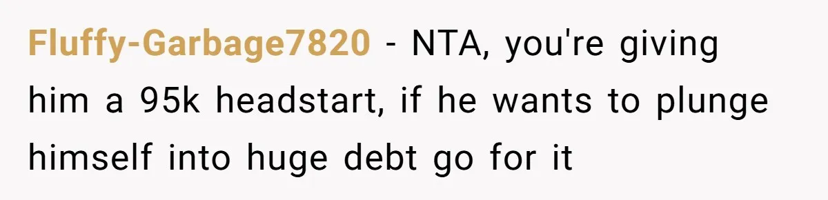Dad Refuses To Take Out Loans For Son’s $60k College—Wife Thinks He’s Wrong, Is He? Fluffy-Garbage7820 − NTA, you're giving him a 95k headstart, if he wants to plunge himself into huge debt go for it