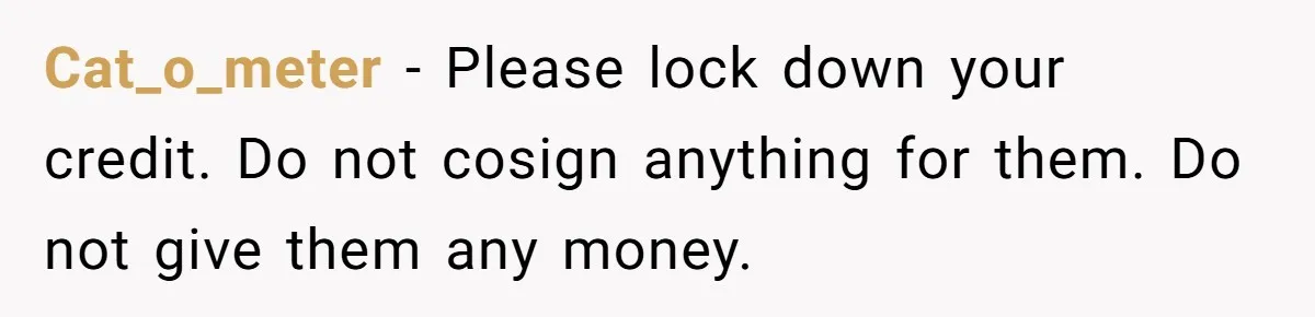 Teen Son Refuses To Help Struggling Parents After Years Of Feeling Pushed Aside By Sick Sister Cat_o_meter − Please lock down your credit. Do not cosign anything for them. Do not give them any money.