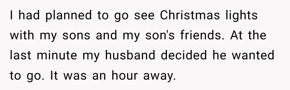 Every Trip Turned Into a Fight, Now She Can’t Even Say Yes to a Simple Outing Without Panicking I had planned to go see Christmas lights with my sons and my son's friends. At the last minute my husband decided he wanted to go. It was an hour...