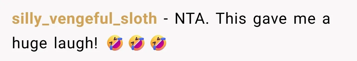 silly_vengeful_sloth − NTA. This gave me a huge laugh! 🤣🤣🤣