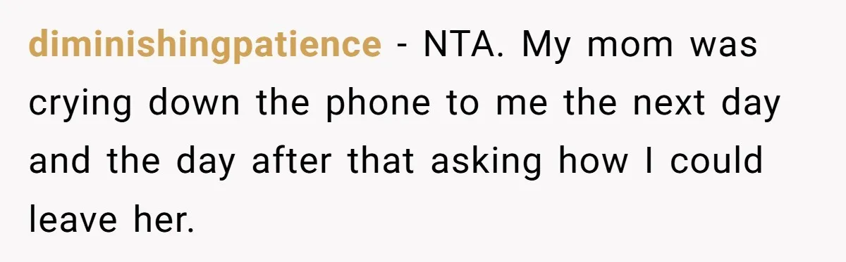 Daughter Leaves Mom On Sixtieth Birthday After She Keeps Talking On And On About Half Sibling diminishingpatience − NTA. My mom was crying down the phone to me the next day and the day after that asking how I could leave her.