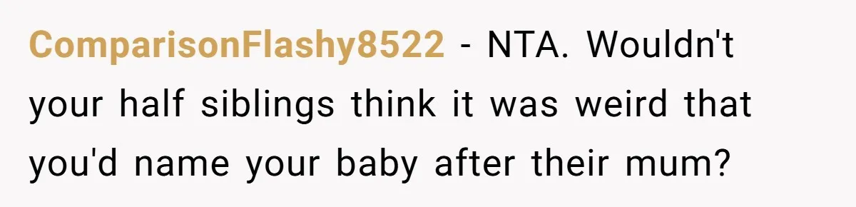 Man Refuses To Name Daughter After Stepmom, Tells Dad His Grief Doesn’t Get A Vote ComparisonFlashy8522 − NTA. Wouldn't your half siblings think it was weird that you'd name your baby after their mum?
