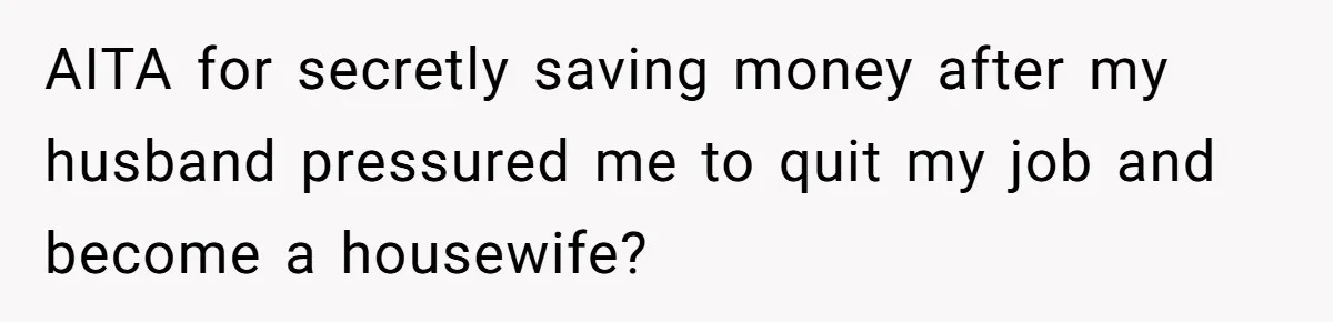 Wife Opens A Secret Bank Account When Husband Forces Her To Become A Housewife AITA for secretly saving money after my husband pressured me to quit my job and become a housewife?