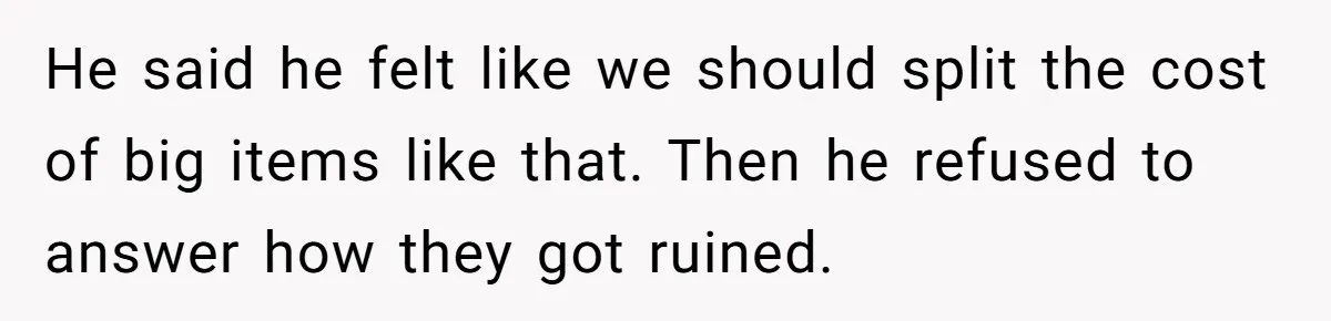 He said he felt like we should split the cost of big items like that. Then he refused to answer how they got ruined.