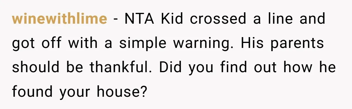 winewithlime − NTA Kid crossed a line and got off with a simple warning. His parents should be thankful. Did you find out how he found your house?