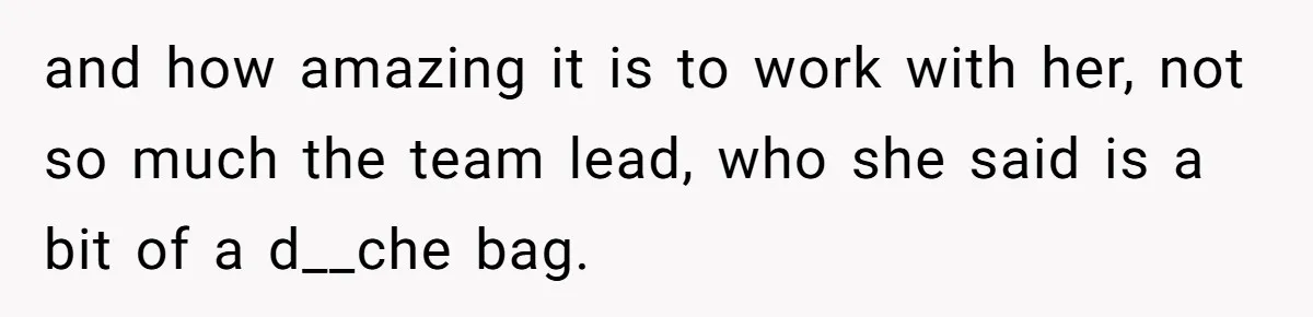 and how amazing it is to work with her, not so much the team lead, who she said is a bit of a d__che bag.