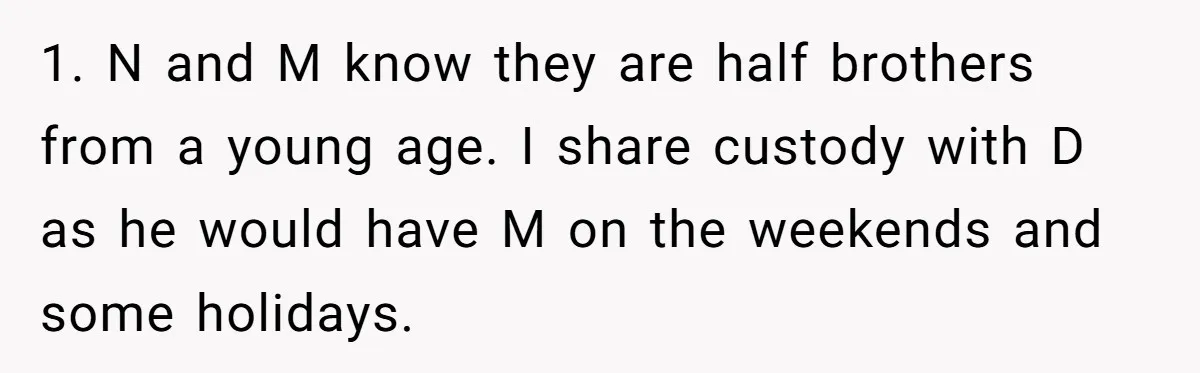 Woman Reveals To Ex-Husband’s Son Why She Divorced His Father, Now Her Ex And His Wife Are Angry 1. N and M know they are half brothers from a young age. I share custody with D as he would have M on the weekends and some holidays.