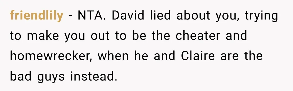 Woman Reveals To Ex-Husband’s Son Why She Divorced His Father, Now Her Ex And His Wife Are Angry friendlily − NTA. David lied about you, trying to make you out to be the cheater and homewrecker, when he and Claire are the bad guys instead.