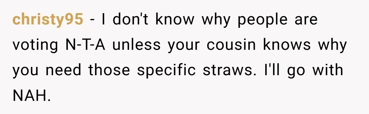 She’s Stockpiling Plastic Straws For Her Disability, But Her Cousin Accuses Her Of Destroying The Planet christy95 − I don't know why people are voting N-T-A unless your cousin knows why you need those specific straws. I'll go with NAH.