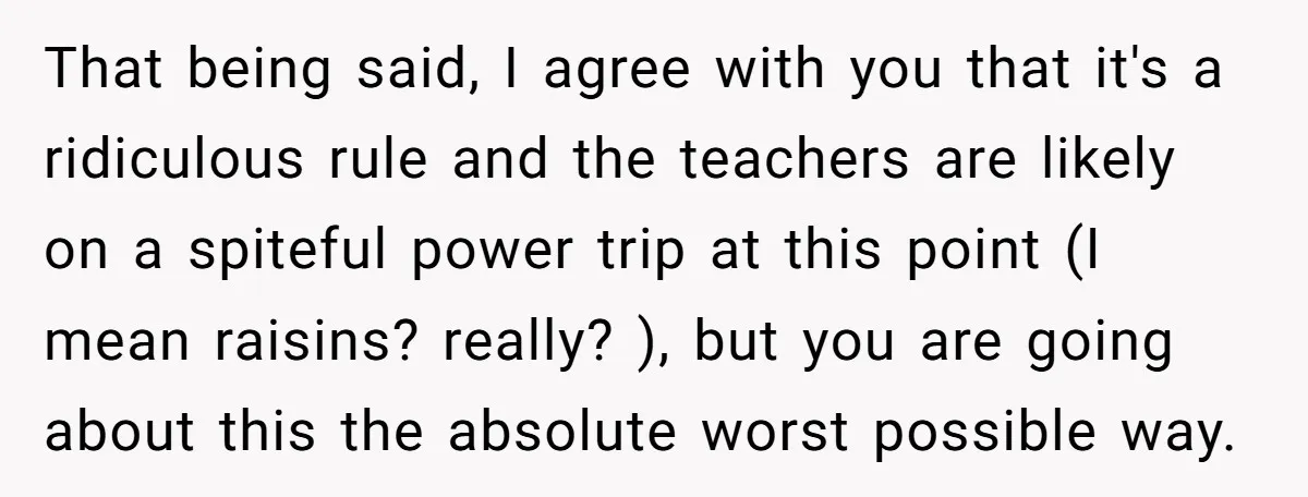 She Kept Packing “Forbidden” Snacks in Her Daughter’s Lunch, Then the School Suspended the Child That being said, I agree with you that it's a ridiculous rule and the teachers are likely on a spiteful power trip at this point (I mean raisins? really? ),...