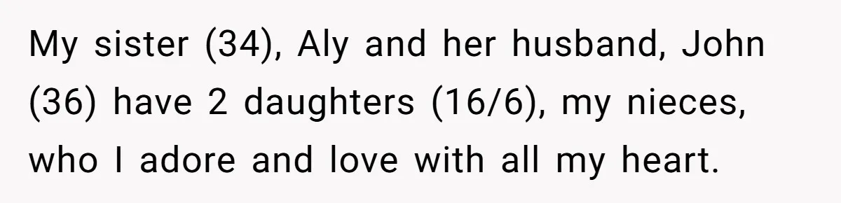 Brother Withdraws From Niece’s Life After Sister’s Husband Claims He’s Going To Hell My sister (34), Aly and her husband, John (36) have 2 daughters (16/6), my nieces, who I adore and love with all my heart.