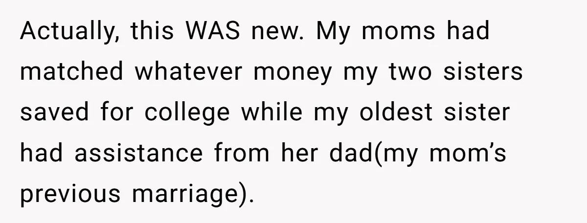 He Exposed His Parents’ Double Standard After They Cut Him Off Financially While Spoiling His Sisters — Now the Family Calls Him the Drama Starter Actually, this WAS new. My moms had matched whatever money my two sisters saved for college while my oldest sister had assistance from her dad(my mom’s previous marriage).