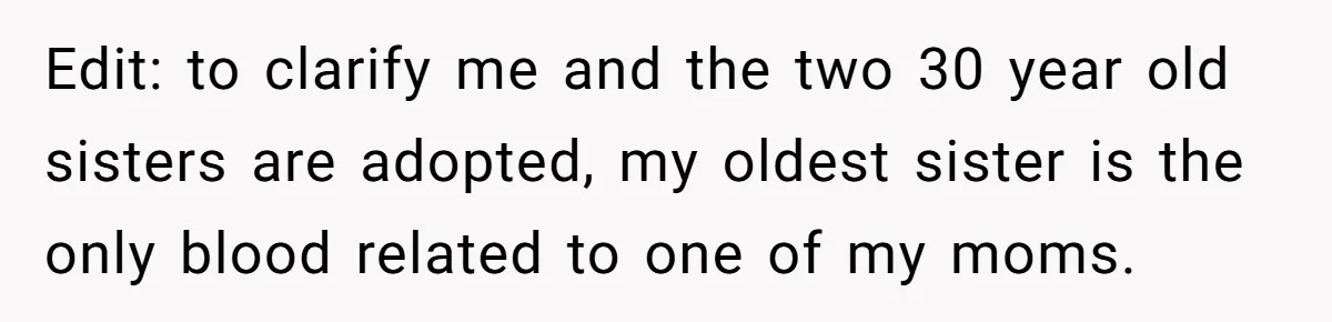 He Exposed His Parents’ Double Standard After They Cut Him Off Financially While Spoiling His Sisters — Now the Family Calls Him the Drama Starter Edit: to clarify me and the two 30 year old sisters are adopted, my oldest sister is the only blood related to one of my moms.