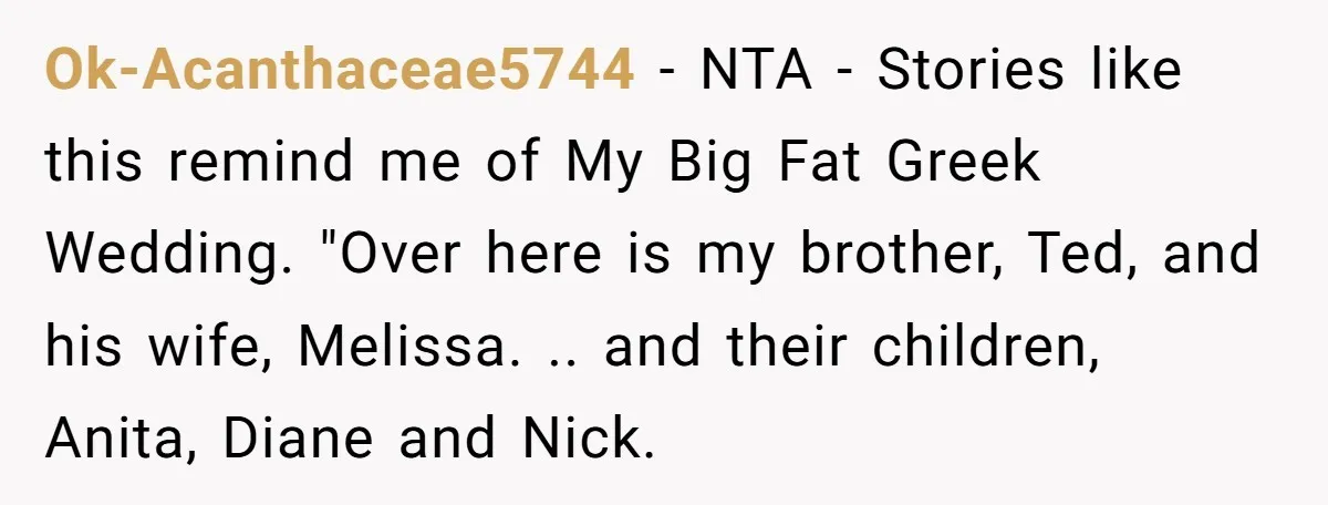She Honored Her Late Mother With a Baby Name — Her Sister Says She Can’t Use It Because Her 17-Year-Old Niece Already “Claimed” It for Her Future Daughter Ok-Acanthaceae5744 − NTA - Stories like this remind me of My Big Fat Greek Wedding. "Over here is my brother, Ted, and his wife, Melissa. .. and their children, Anita,...