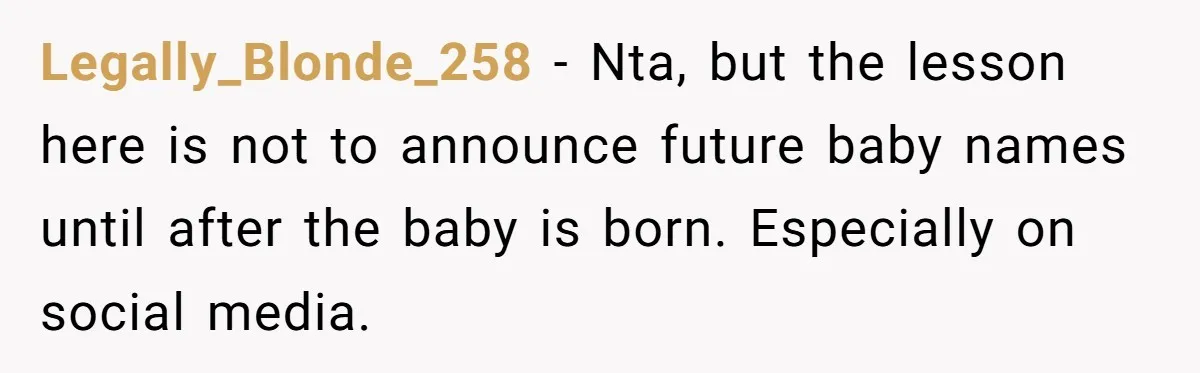 She Honored Her Late Mother With a Baby Name — Her Sister Says She Can’t Use It Because Her 17-Year-Old Niece Already “Claimed” It for Her Future Daughter Legally_Blonde_258 − Nta, but the lesson here is not to announce future baby names until after the baby is born. Especially on social media.