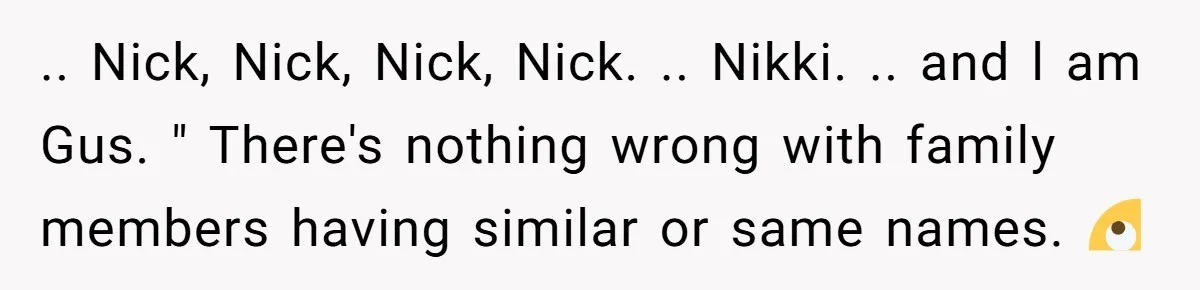 She Honored Her Late Mother With a Baby Name — Her Sister Says She Can’t Use It Because Her 17-Year-Old Niece Already “Claimed” It for Her Future Daughter .. Nick, Nick, Nick, Nick. .. Nikki. .. and l am Gus. " There's nothing wrong with family members having similar or same names. 🙄