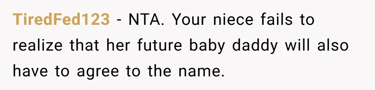She Honored Her Late Mother With a Baby Name — Her Sister Says She Can’t Use It Because Her 17-Year-Old Niece Already “Claimed” It for Her Future Daughter TiredFed123 − NTA. Your niece fails to realize that her future baby daddy will also have to agree to the name.