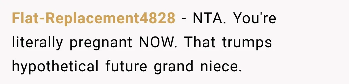 She Honored Her Late Mother With a Baby Name — Her Sister Says She Can’t Use It Because Her 17-Year-Old Niece Already “Claimed” It for Her Future Daughter Flat-Replacement4828 − NTA. You're literally pregnant NOW. That trumps hypothetical future grand niece.