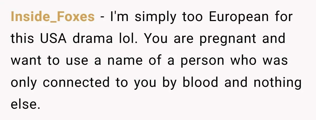She Honored Her Late Mother With a Baby Name — Her Sister Says She Can’t Use It Because Her 17-Year-Old Niece Already “Claimed” It for Her Future Daughter Inside_Foxes − I'm simply too European for this USA drama lol. You are pregnant and want to use a name of a person who was only connected to you by...