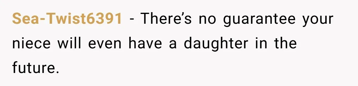 She Honored Her Late Mother With a Baby Name — Her Sister Says She Can’t Use It Because Her 17-Year-Old Niece Already “Claimed” It for Her Future Daughter Sea-Twist6391 − There’s no guarantee your niece will even have a daughter in the future.