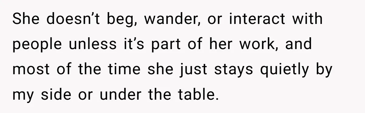 She Brought Her Service Dog to a Family Dinner to Manage Sensory Overload, and Her Aunt Called Her Self-Centered for It She doesn’t beg, wander, or interact with people unless it’s part of her work, and most of the time she just stays quietly by my side or under the table.