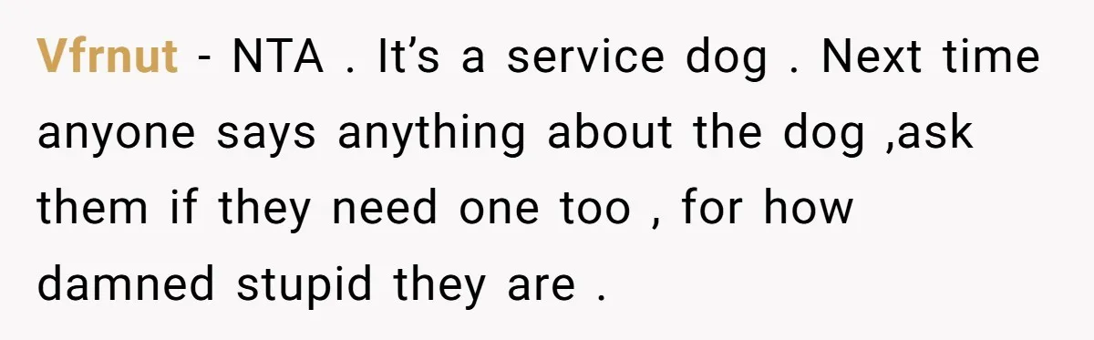 She Brought Her Service Dog to a Family Dinner to Manage Sensory Overload, and Her Aunt Called Her Self-Centered for It Vfrnut − NTA . It’s a service dog . Next time anyone says anything about the dog ,ask them if they need one too , for how damned stupid they...