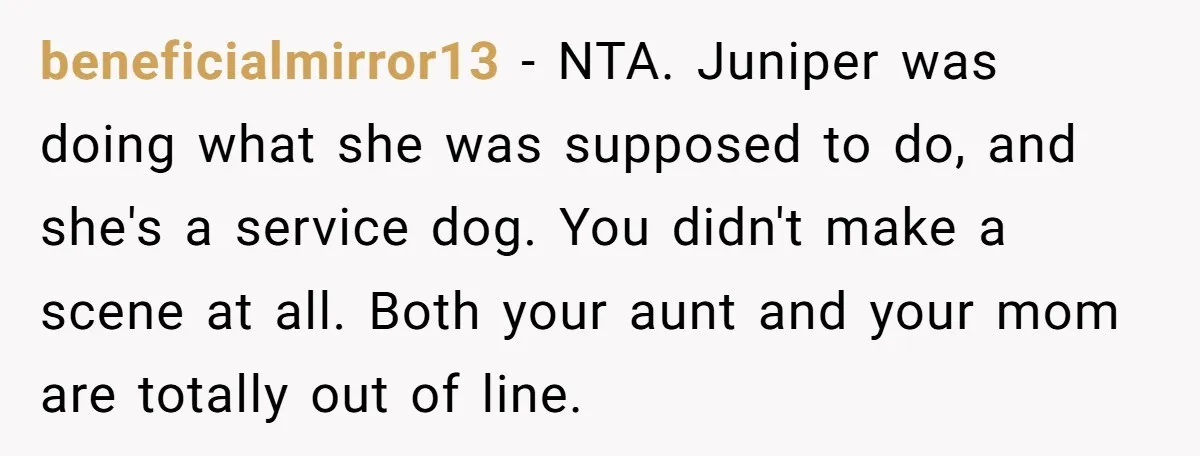 She Brought Her Service Dog to a Family Dinner to Manage Sensory Overload, and Her Aunt Called Her Self-Centered for It beneficialmirror13 − NTA. Juniper was doing what she was supposed to do, and she's a service dog. You didn't make a scene at all. Both your aunt and your mom...