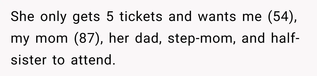 She’s Burned Out From Years of Caregiving and Doesn’t Want to Take Her Incontinent Mom to Her Daughter’s Graduation — Now Her Daughter Feels Caught in the Middle She only gets 5 tickets and wants me (54), my mom (87), her dad, step-mom, and half-sister to attend.