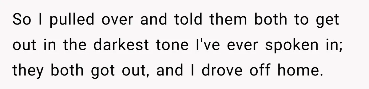 Woman Leaves Her Former Friend And Her Kid On the Side Of The Road After The Child Endangers Her While Driving So I pulled over and told them both to get out in the darkest tone I've ever spoken in; they both got out, and I drove off home.