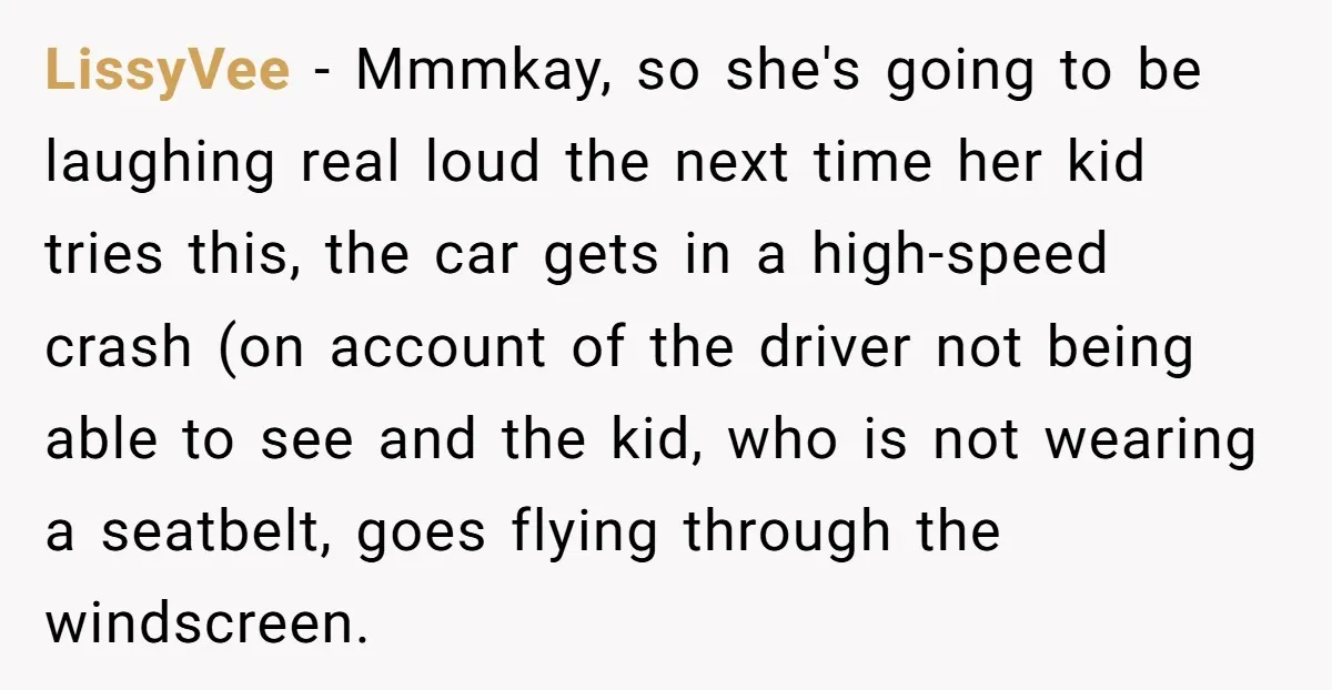 Woman Leaves Her Former Friend And Her Kid On the Side Of The Road After The Child Endangers Her While Driving LissyVee − Mmmkay, so she's going to be laughing real loud the next time her kid tries this, the car gets in a high-speed crash (on account of the driver...