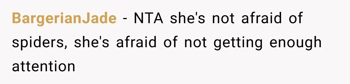 BargerianJade − NTA she's not afraid of spiders, she's afraid of not getting enough attention