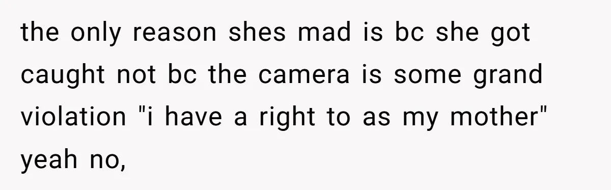 He Thought His Mom Was Going Into His Room. So He Set Up a Camera, and Found Out He Was Right the only reason shes mad is bc she got caught not bc the camera is some grand violation "i have a right to as my mother" yeah no,