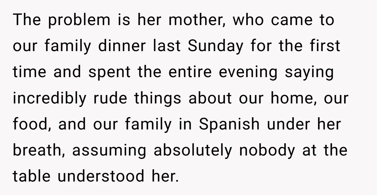 Woman Finally Speaks Up In Spanish After Her Brother’s Girlfriend’s Mother Critiques Everything About Her Family The problem is her mother, who came to our family dinner last Sunday for the first time and spent the entire evening saying incredibly rude things about our home, our...