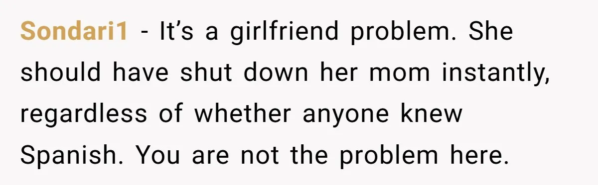 Woman Finally Speaks Up In Spanish After Her Brother’s Girlfriend’s Mother Critiques Everything About Her Family Sondari1 − It’s a girlfriend problem. She should have shut down her mom instantly, regardless of whether anyone knew Spanish. You are not the problem here.
