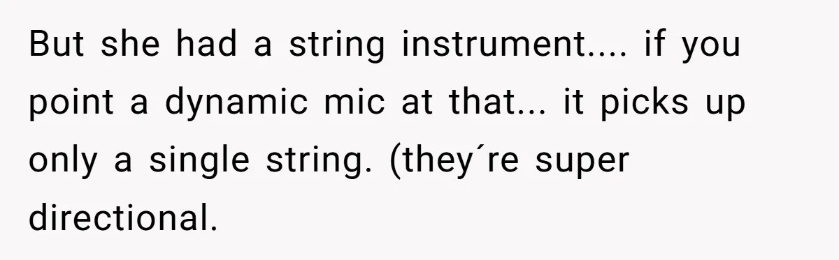 “You Want a Spotlight?” He Gave Them Exactly That, and They Regretted It Instantly But she had a string instrument.... if you point a dynamic mic at that... it picks up only a single string. (they´re super directional.