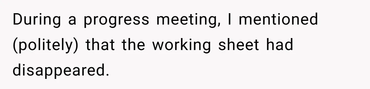 During a progress meeting, I mentioned (politely) that the working sheet had disappeared.