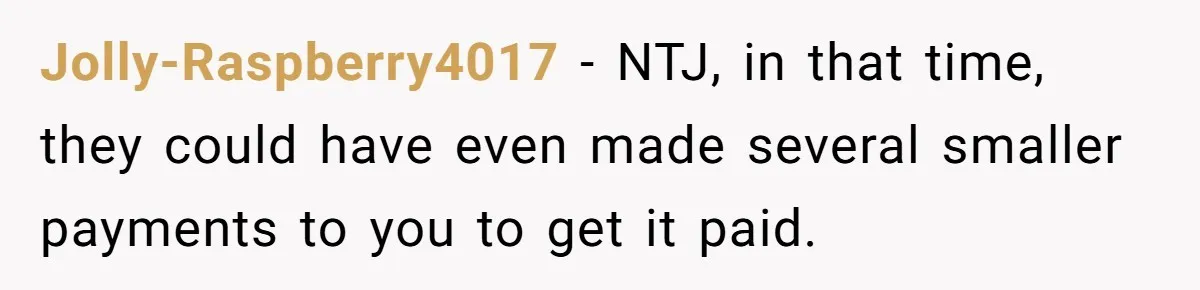 Jolly-Raspberry4017 − NTJ, in that time, they could have even made several smaller payments to you to get it paid.