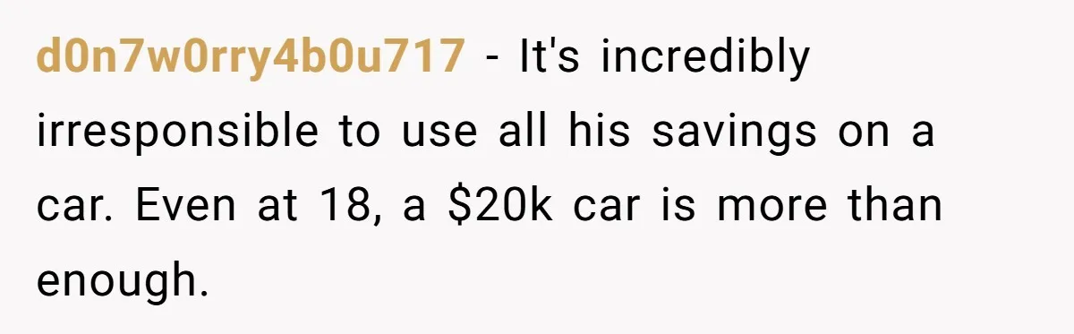 Father Struggles With Whether To Keep Promise To Son After He Saved $35k For A Car d0n7w0rry4b0u717 − It's incredibly irresponsible to use all his savings on a car. Even at 18, a $20k car is more than enough.